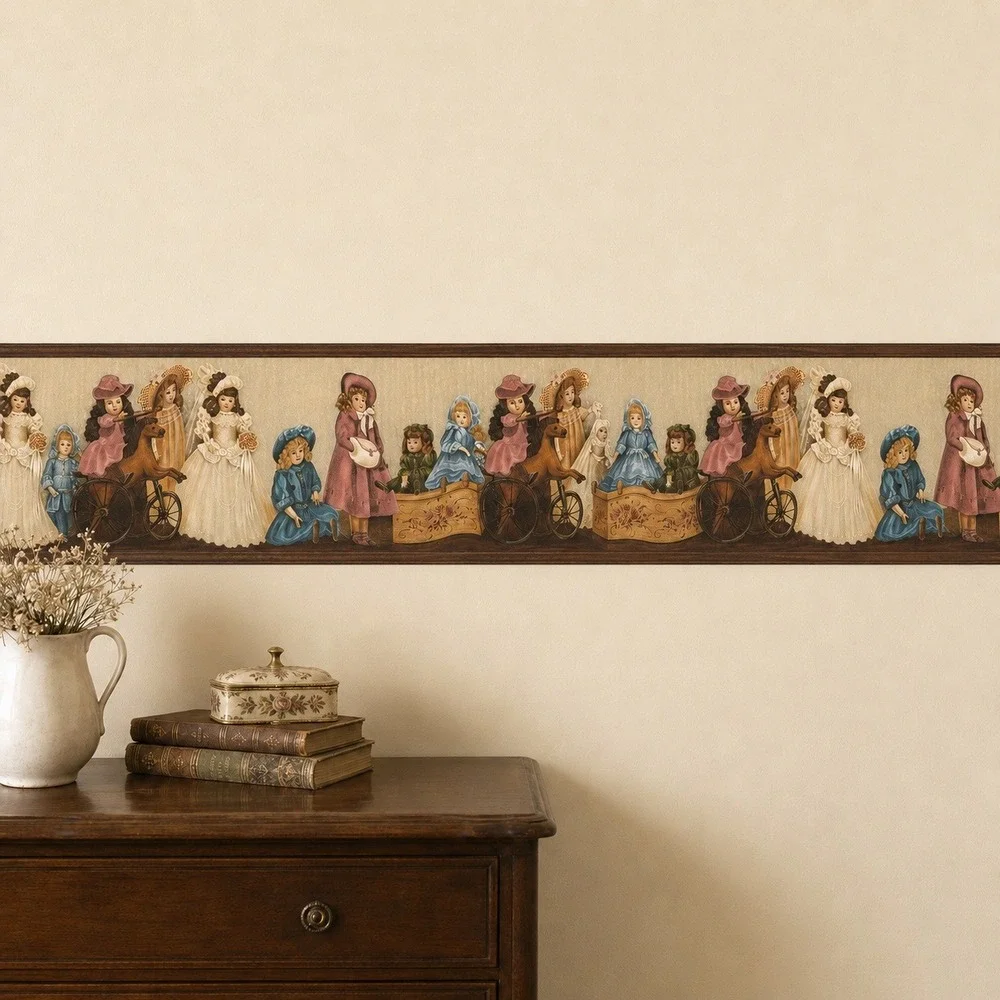 Victorian Porcelain Doll Wallpaper Border Vintage Rocking Horse 10